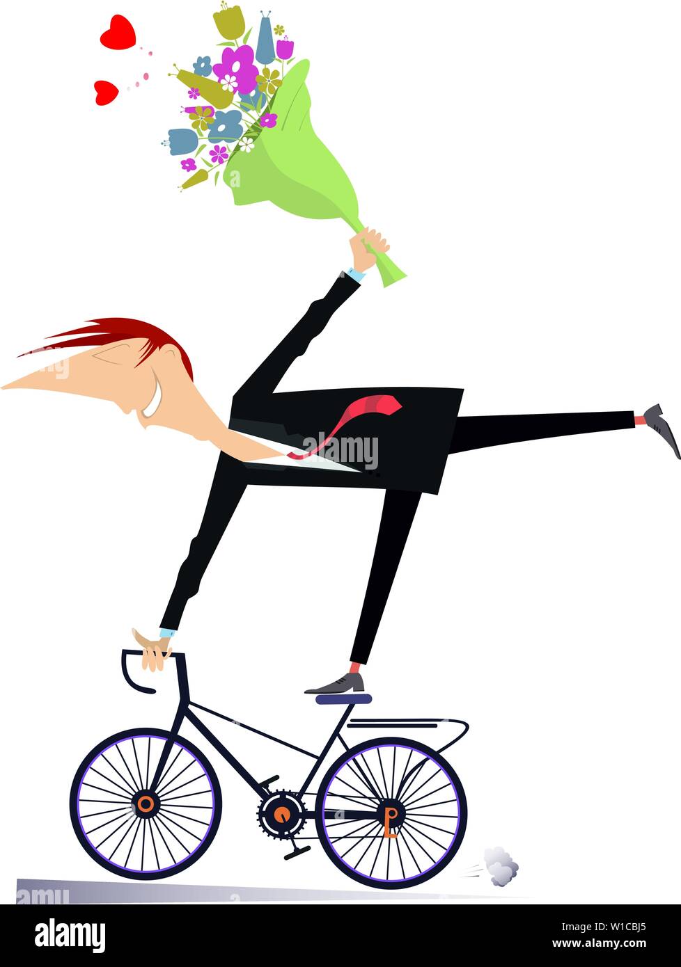 Jeune homme romantique se déplace sur le vélo. Smiling man bouquet de fleurs se déplace sur le vélo et l'air heureux isolé sur blanc illustration Illustration de Vecteur