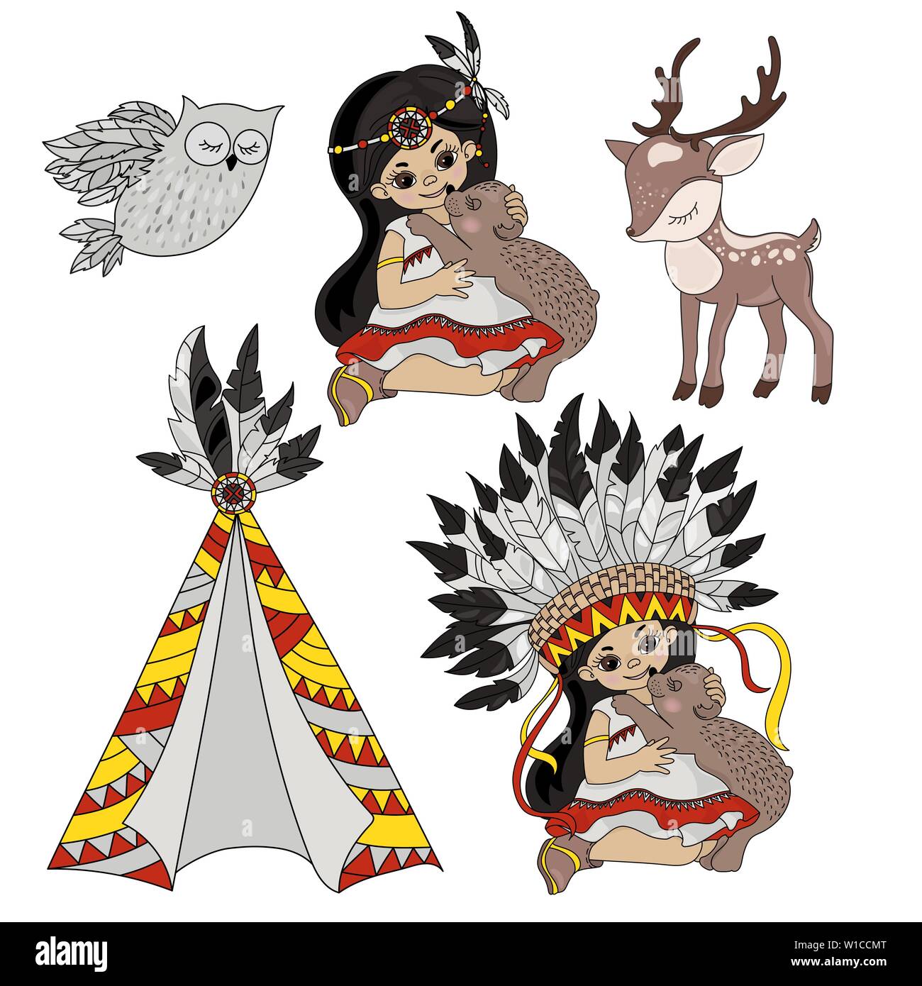 La vie des Indiens d'Amérique POCAHONTAS Princess Animaux Vector Illustration Set pour tissu d'impression et de décoration Illustration de Vecteur