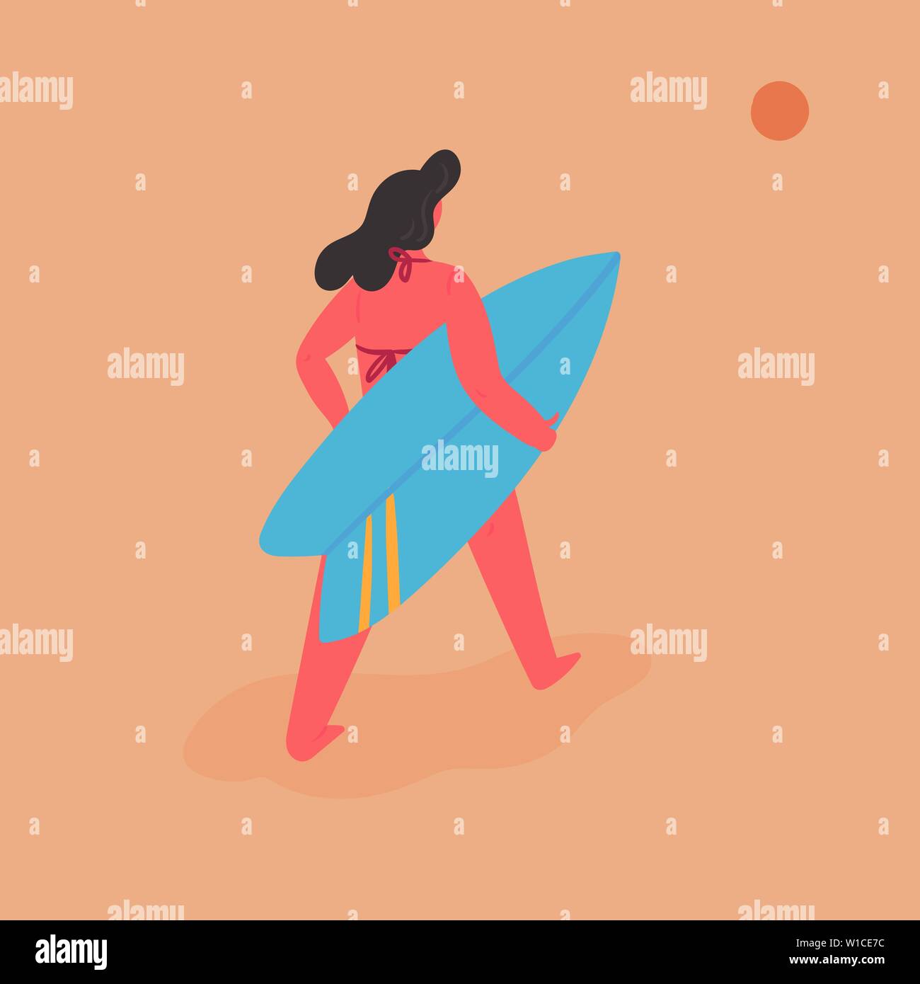 Une jeune femme en maillot va pour surfer tout en tenant une planche de surf dans ses bras. Maison de vacances surf sur une chaude journée d'été. Black-haired fille aime Illustration de Vecteur