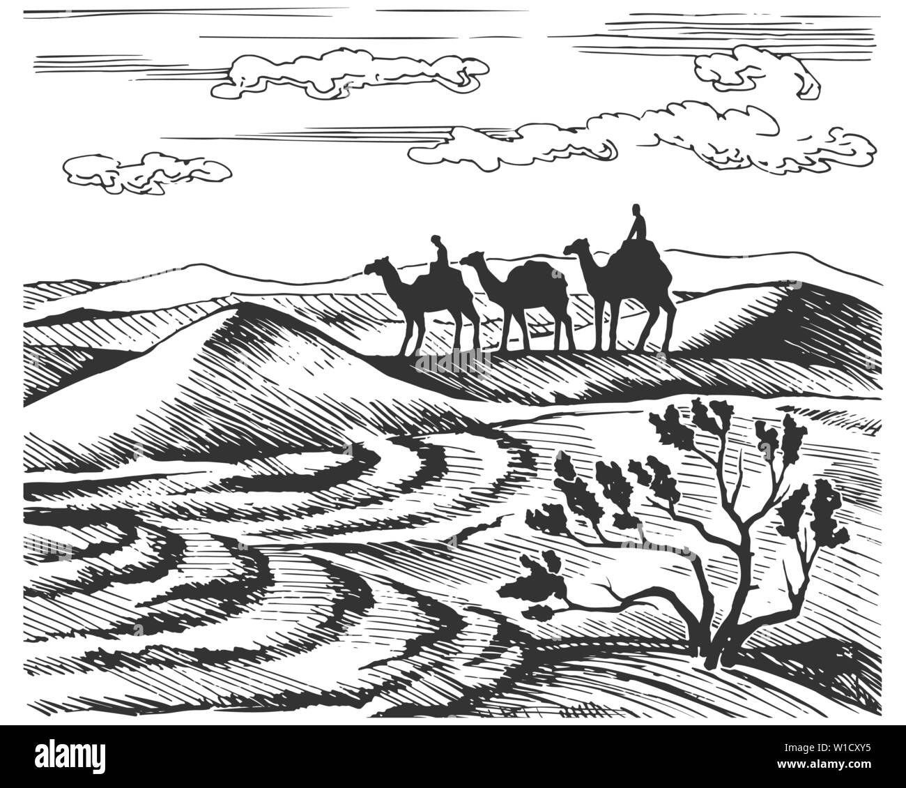 Croquis vecteur de la caravane. Les chameaux sont sur le désert au milieu des dunes. Silhouettes d'animaux sur l'horizon. Illustration de Vecteur