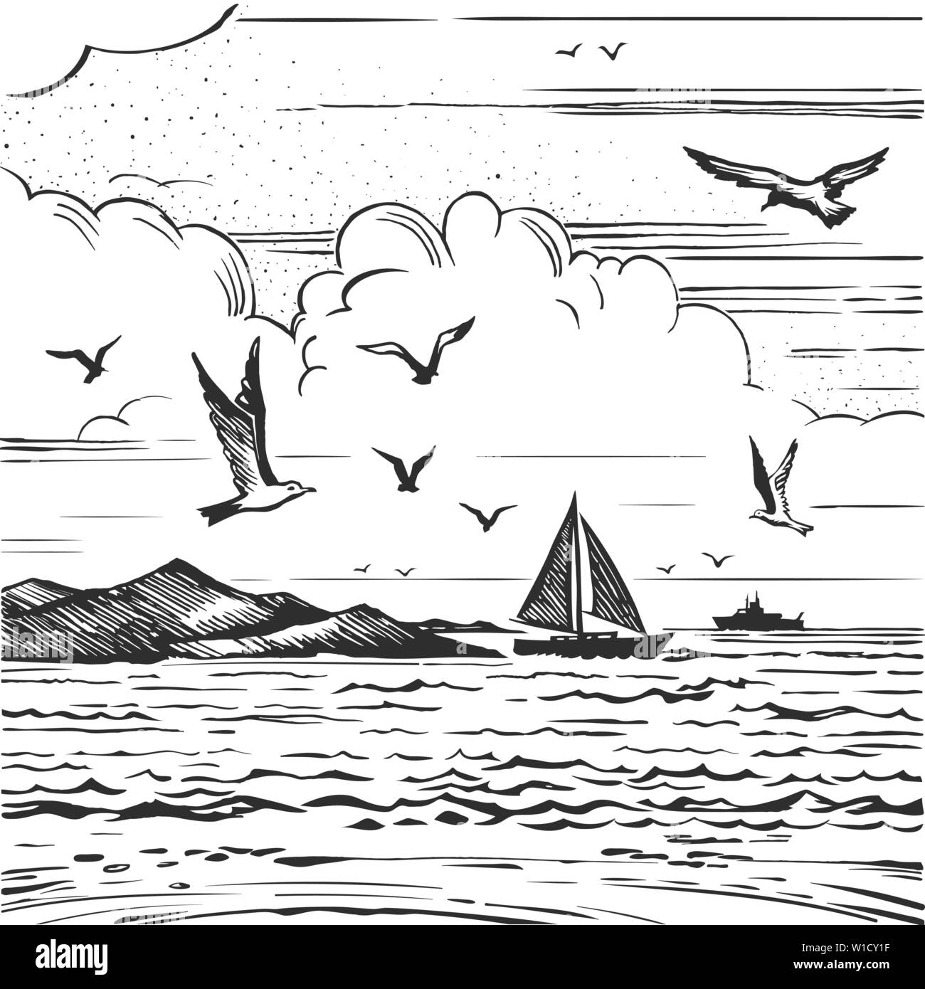 Seascape croquis avec les yachts et les mouettes Illustration de Vecteur