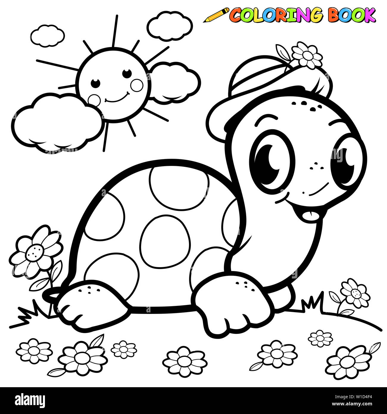Heureux personnage de tortue animal de compagnie. Une tortue de dessin animé dans le jardin. Page de livre de coloriage. Banque D'Images