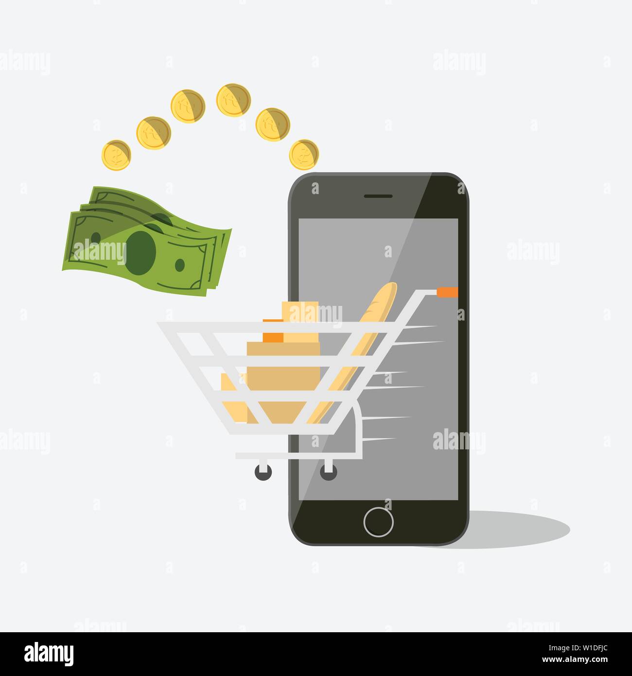 Le paiement mobile set vector illustration isolé. Paiement NFC, le transfert d'argent via smartphone app, transactions bancaires et achats en ligne Illustration de Vecteur