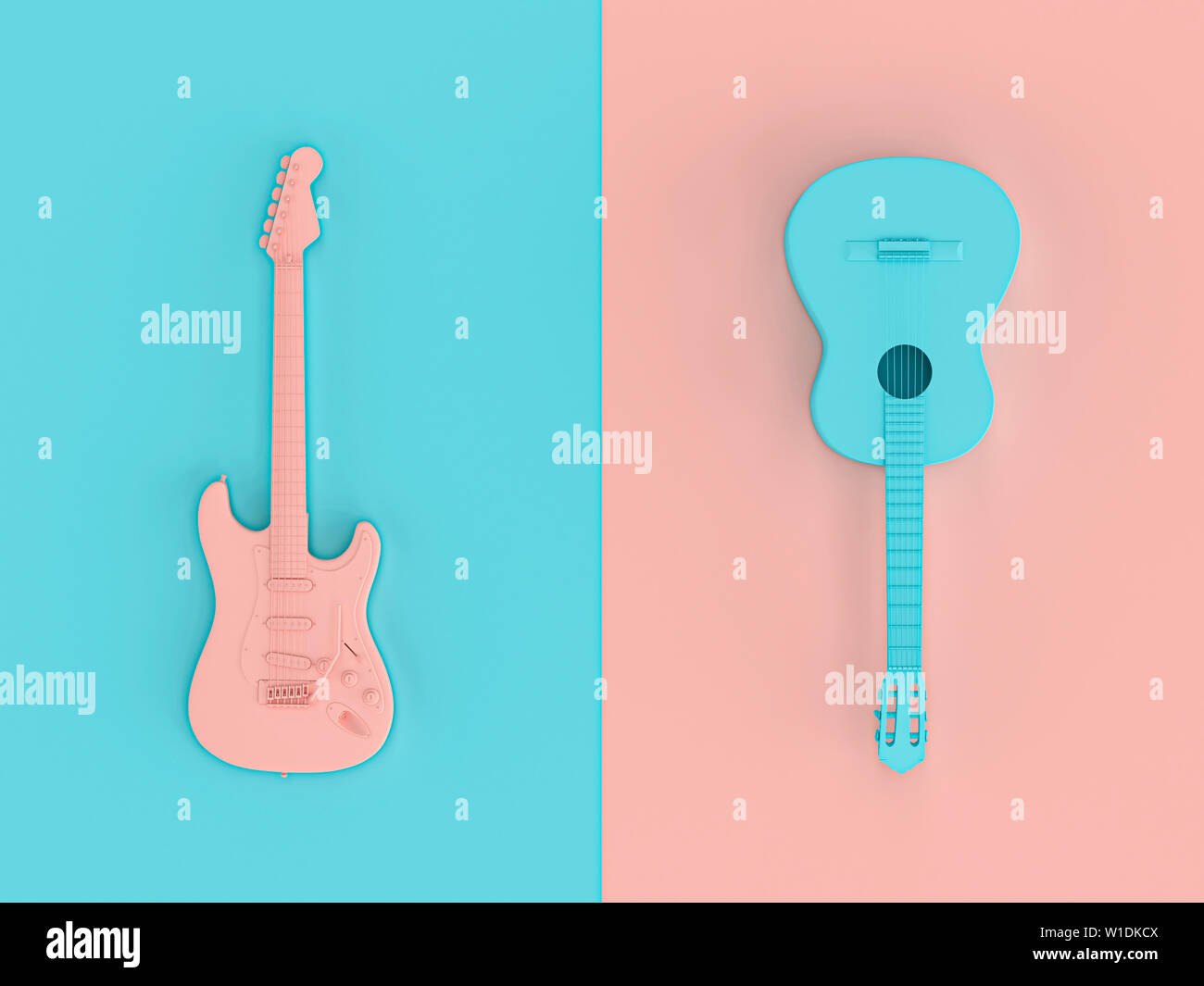 Le rendu d'images 3D dans le style télévision laïcs de deux guitares électriques sur deux couleurs de fond. Banque D'Images