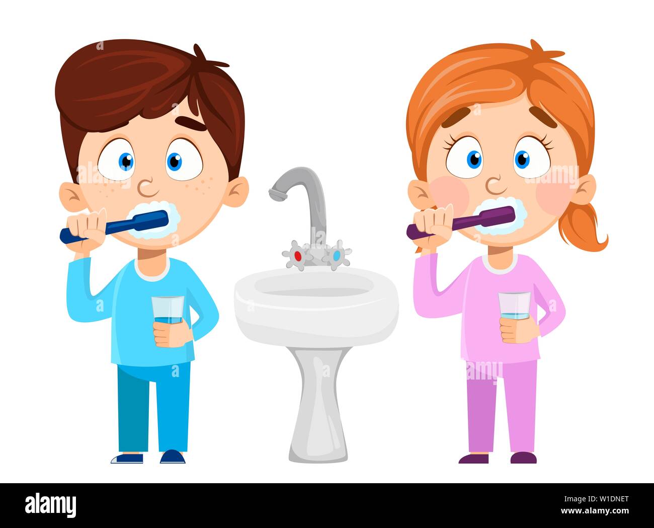 Cute little girl and boy se brosser les dents. Drôle de personnages de