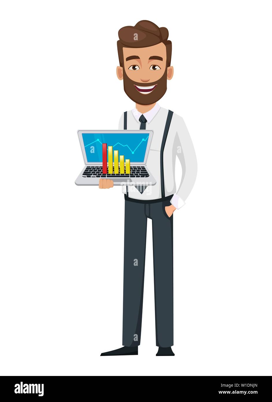 L'homme d'affaires personnage. Beau bearded businessman holding laptop. Vector illustration Illustration de Vecteur