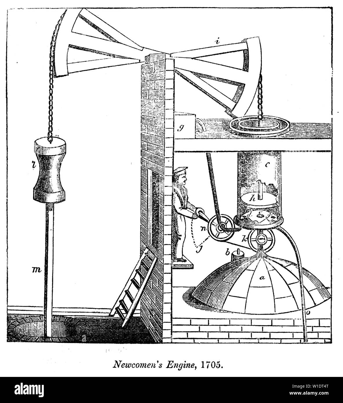 THOMAS NEWCOMEN (1664-1729) inventeur anglais. Diagramme d'origine de sa machine à vapeur. Banque D'Images