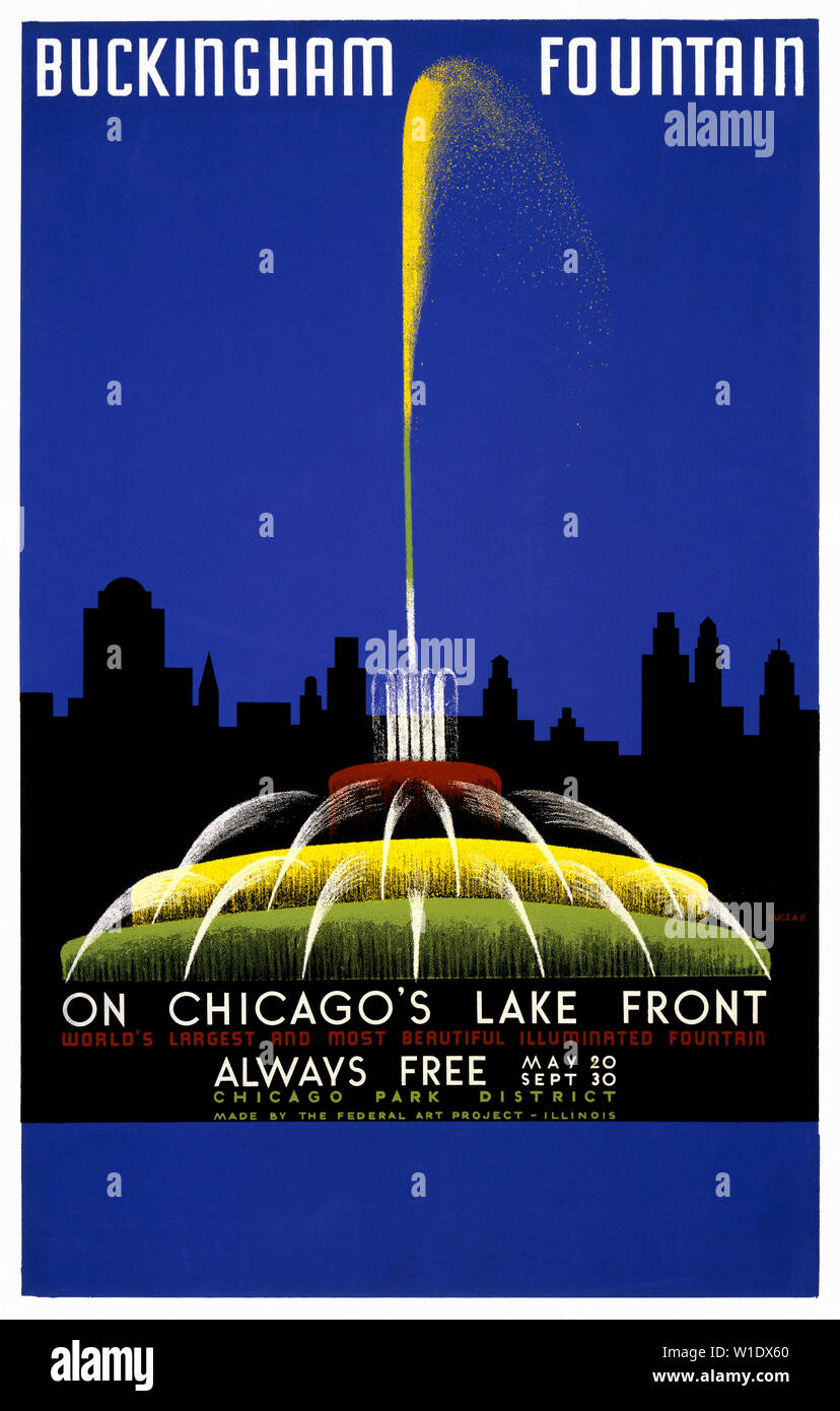 Vintage travel poster. Fontaine de Buckingham sur Chicago's lake front, plus grandes et plus belle fontaine illuminée par John Buczak en 1939. Banque D'Images