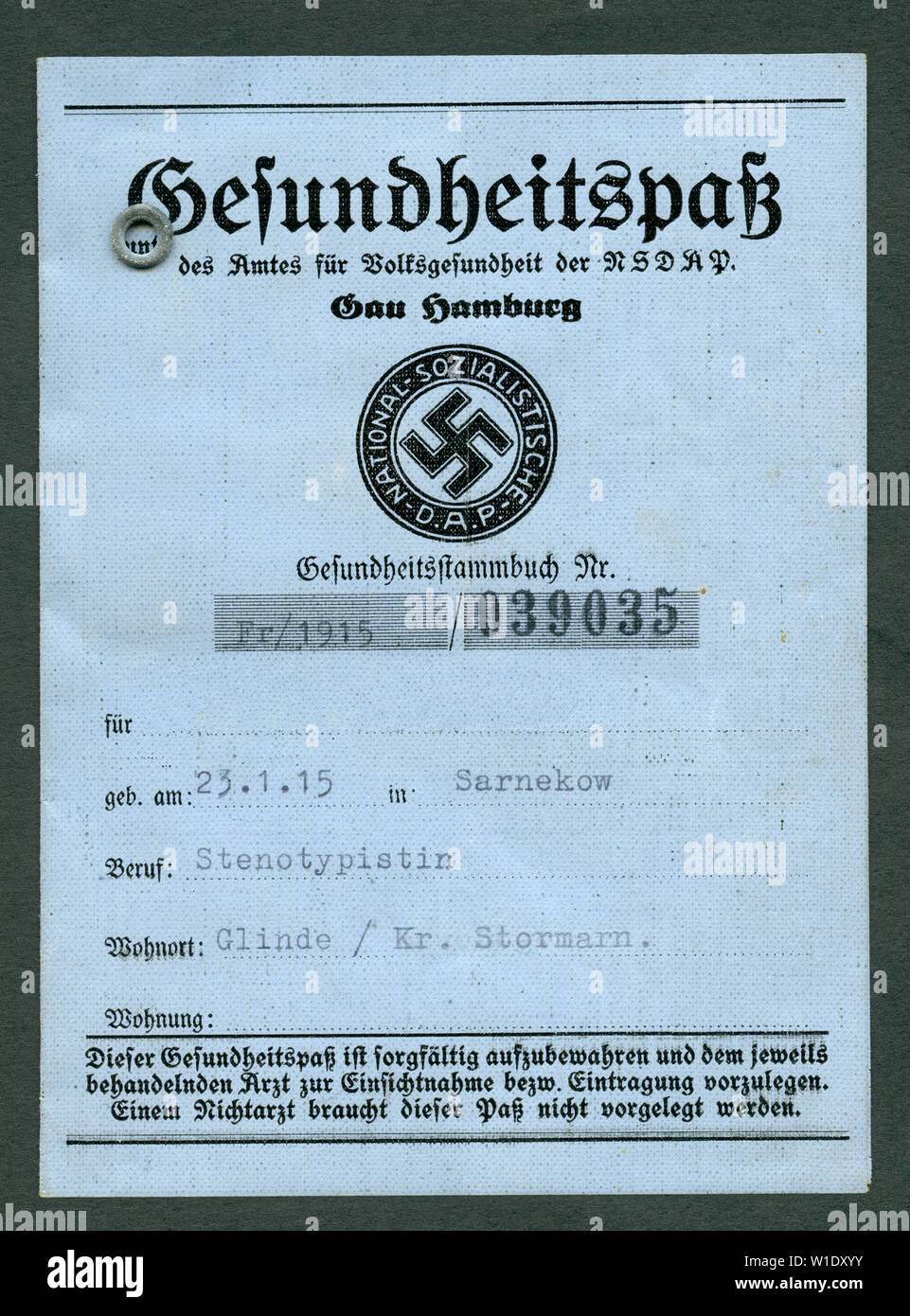 Europa, Deutschland, Hambourg, Gesundheitspass in der Zeit des Nationalsozialismus, ausgestellt am 10. 08. 1936 , Motiv darf nur zu journalistischen od Banque D'Images