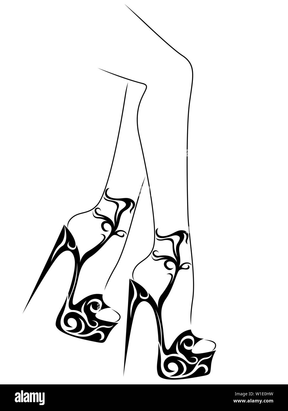 Aperçu des pieds féminins gracieux dans abstract floral chaussures, noir sur blanc les images vectorielles Illustration de Vecteur