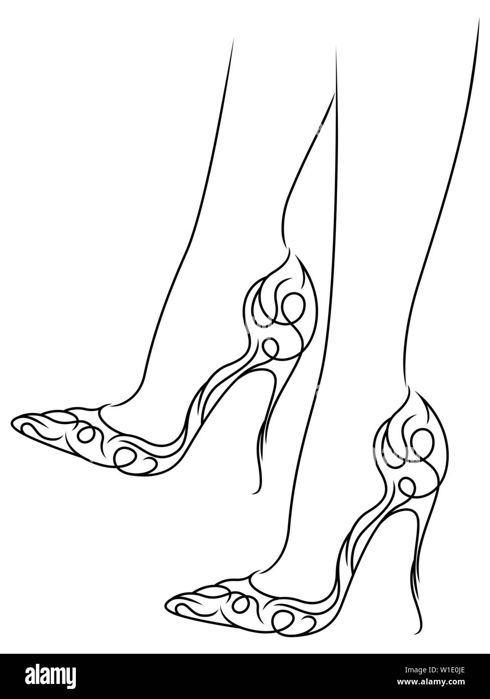 L'esquisse esquisse de femme élégante pieds de résumé des chaussures avec des talons hauts, noir sur blanc les images vectorielles Illustration de Vecteur