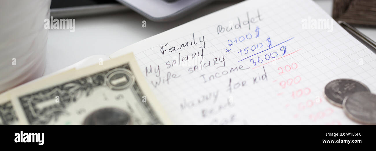 La page du bloc-notes manuscrites avec calcul du budget familial Banque D'Images