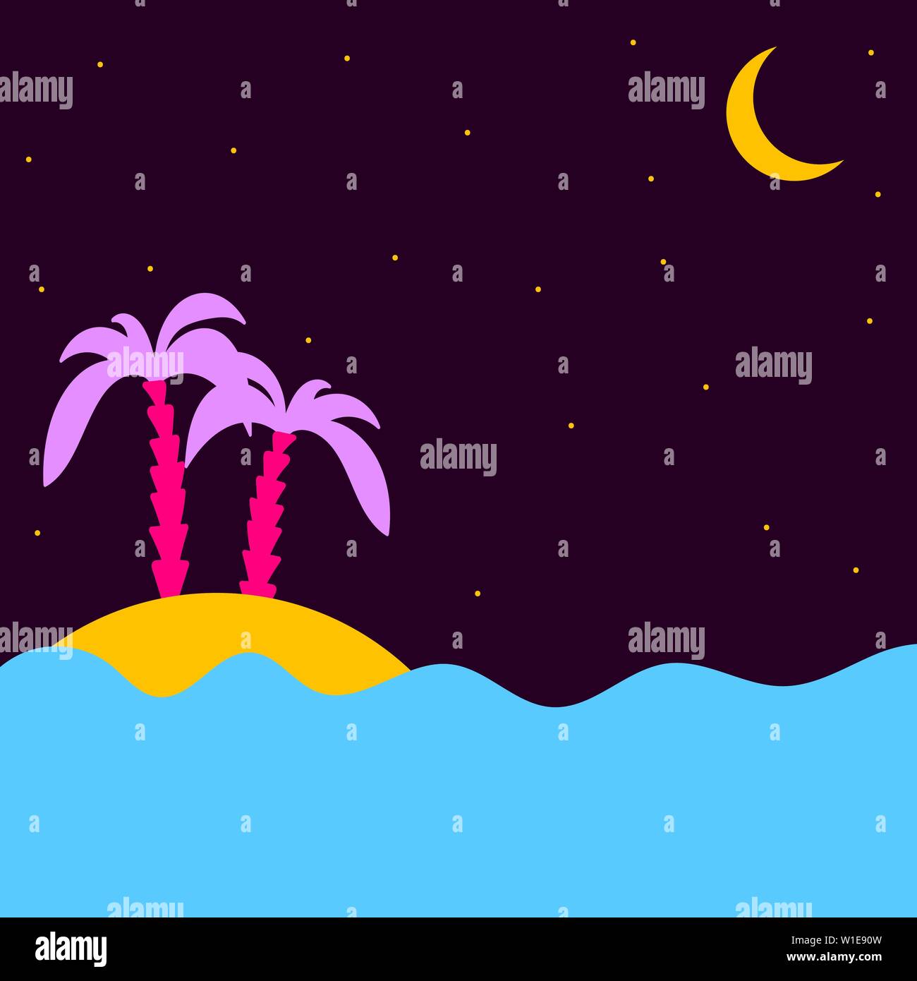 Des nuits tropicales d'été. Île avec palmiers dans la mer sous un ciel étoilé et la lune (croissant). Style plat. Des couleurs vives dans le style des années 80 Illustration de Vecteur