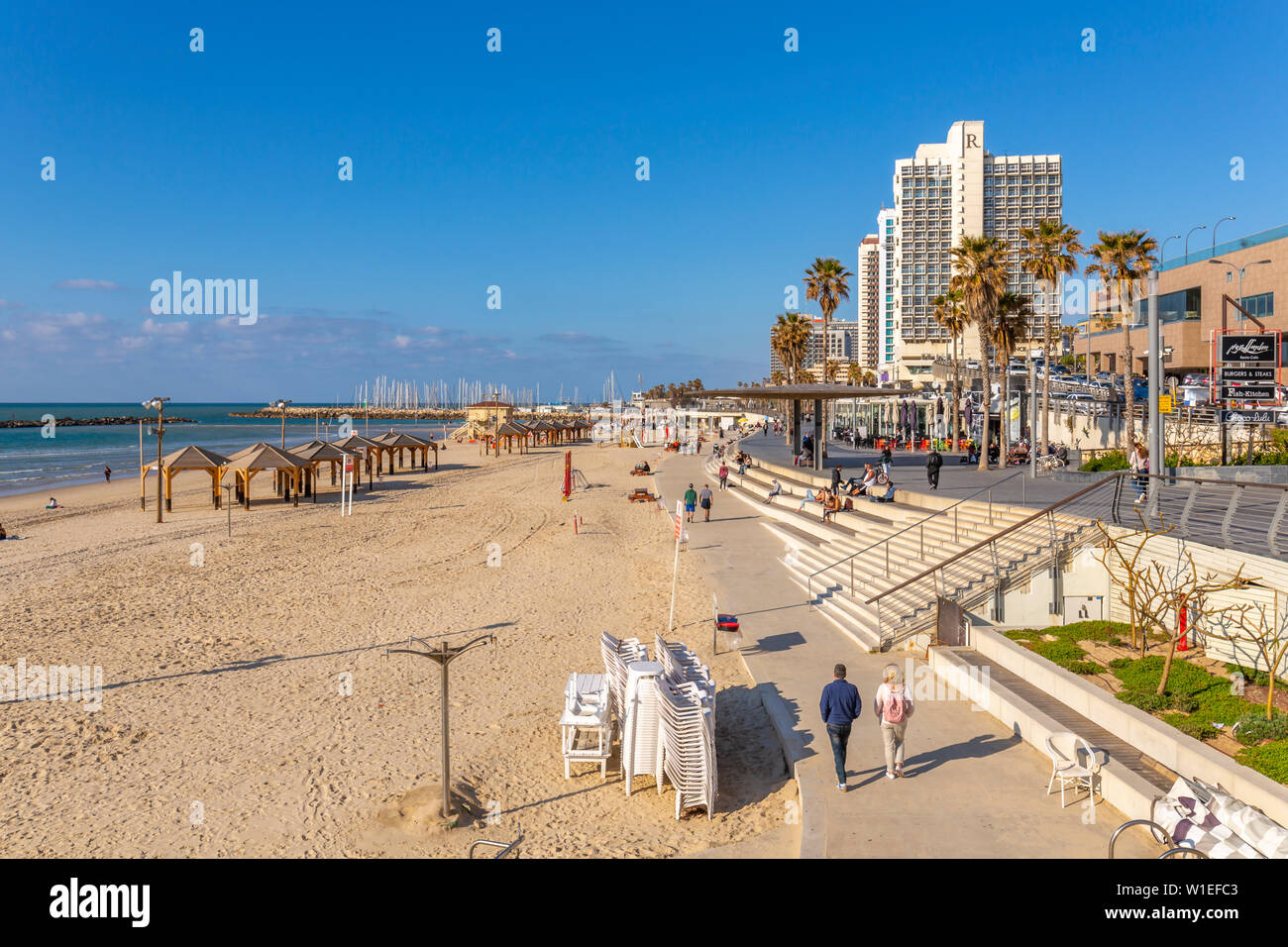 Avis d'hôtels et de la promenade sur la rue Hayarkon, Tel Aviv, Israël, Moyen Orient Banque D'Images