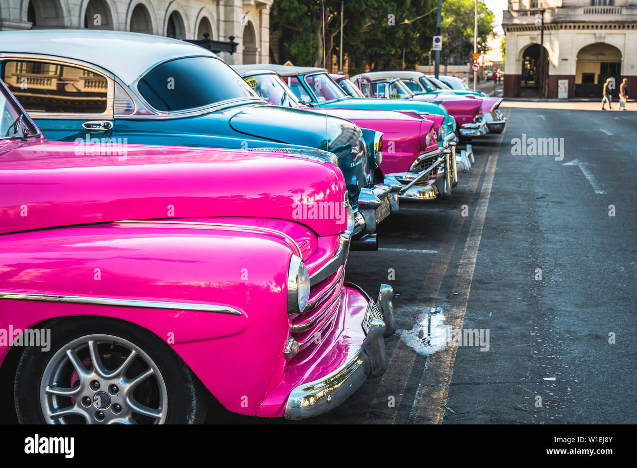Taxi américain coloré de voitures stationnées à La Havane, La Havane, Cuba (La Havane), Antilles, Caraïbes, Amérique Centrale Banque D'Images