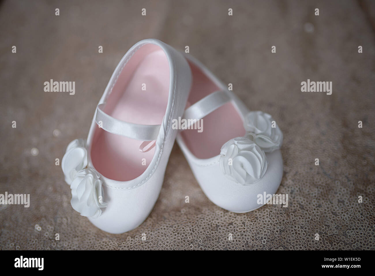 Blanc élégant chaussures ballerine chaussures adorables pour les petites  filles ou booties bébé fille blanc avec fleurs en mousseline et attache de  support élastique Photo Stock - Alamy