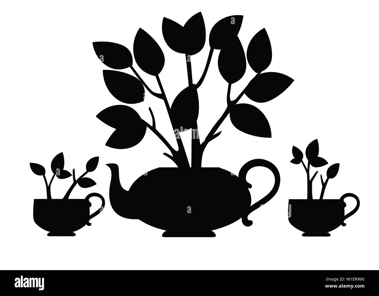 Silhouette noire théière en céramique et deux tasse de thé de bush à plat vector illustration sur fond blanc. Illustration de Vecteur