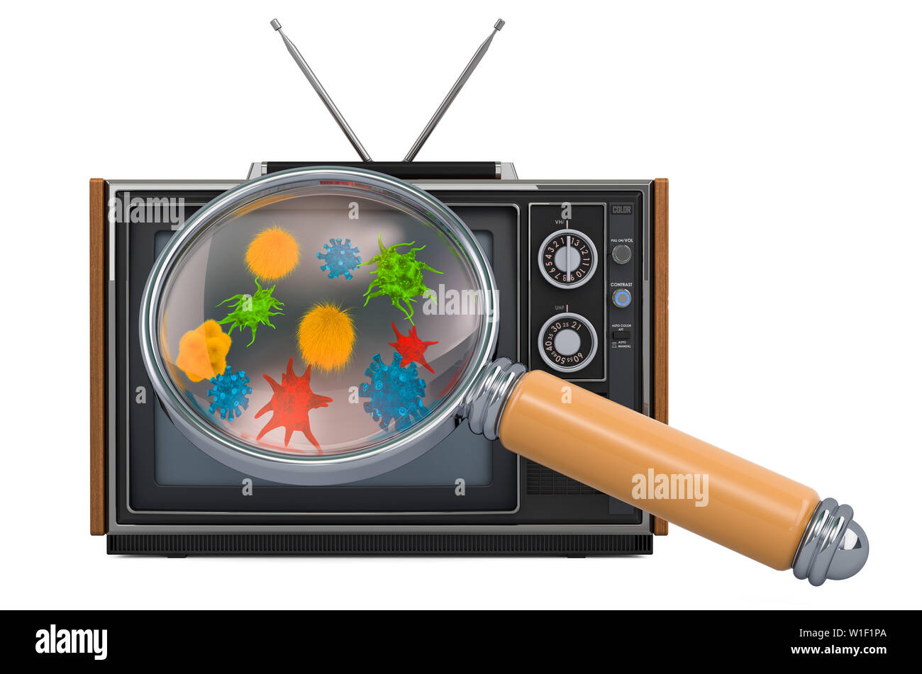 Télévision avec les virus sous loupe. Le rendu 3D Banque D'Images Télévision avec les virus sous loupe. Le rendu 3D Banque D'Images