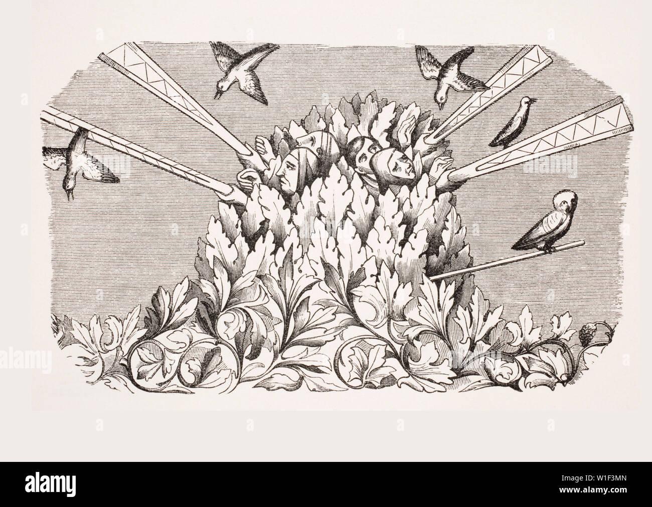 Bird-Catching avec une machine comme un bras long. 19e siècle reproduction d'une miniature dans un manuscrit du 14ème siècle Livre du Roy Modus Banque D'Images
