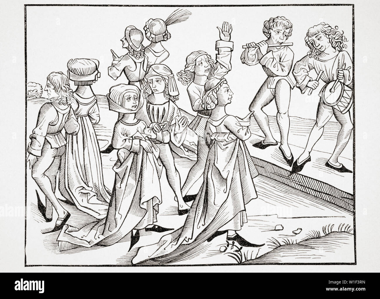 Danseurs dans la nuit de Noël puni pour leur impiété et condamné à la danse pour une année entière. Légende du 15e siècle. Après une gravure sur bois par P. Wohlgemuth dans Liber Chronicorum Mundi Nuremberg 1493 publié Banque D'Images