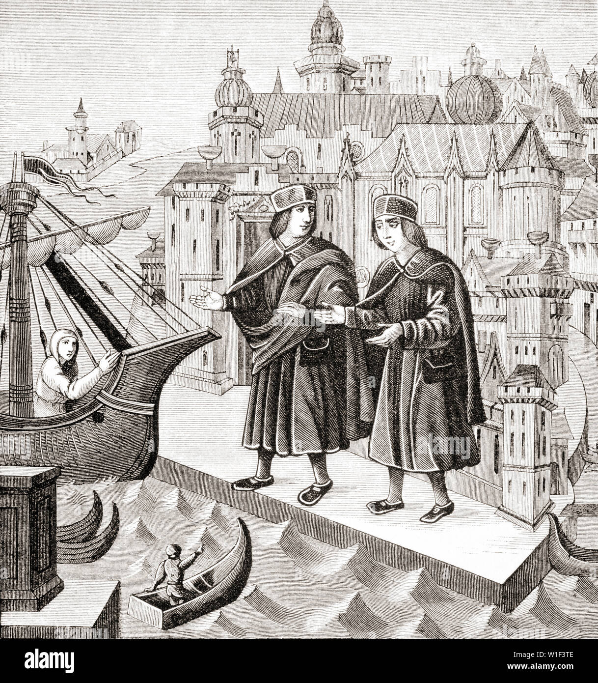 Commerce sur les ports du Levant. Après une miniature dans un manuscrit du 15e siècle des voyages de Marco Polo Banque D'Images