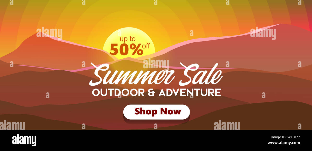 Catégorie de plein air et d'aventure de l'été vente jusqu'à 50 % avec le lever du soleil sur les montagnes de l'arrière-plan sillhouette illustration bannière web Banque D'Images