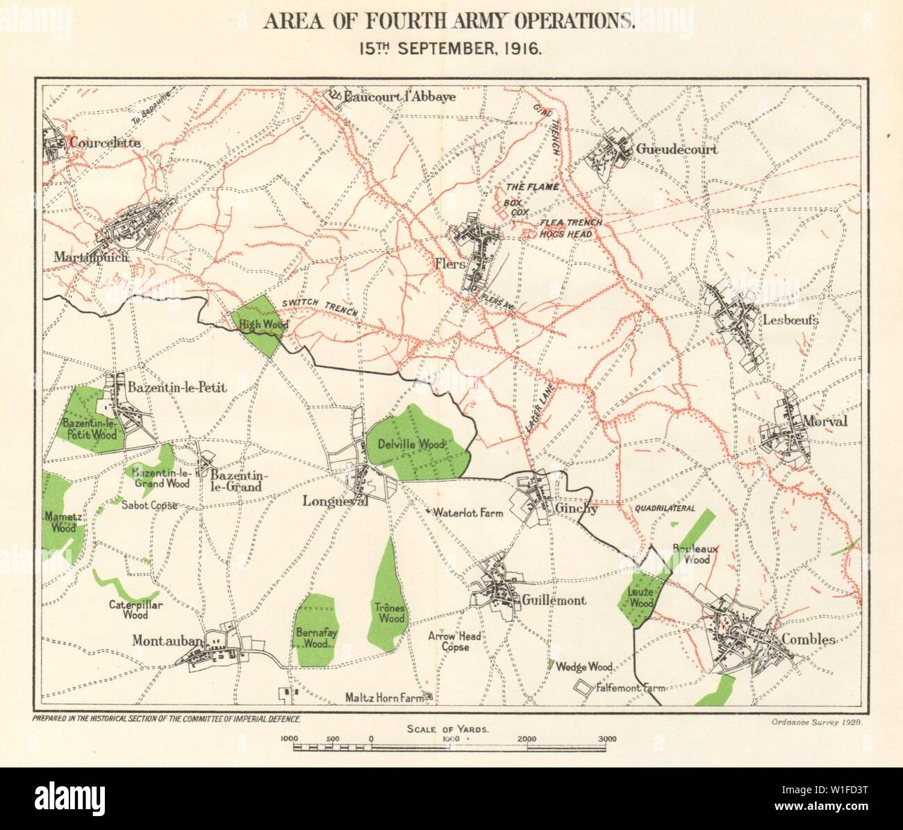 WW1 FRONT DE L'OUEST. Combles Martinpuich 4e des opérations de l'Armée, 15 Sept 1916 carte 1928 Banque D'Images WW1 FRONT DE L'OUEST. Combles Martinpuich 4e des opérations de l'Armée, 15 Sept 1916 carte 1928 Banque D'Images