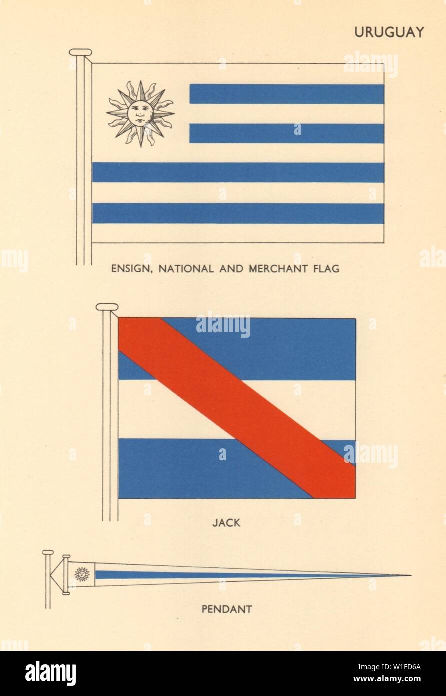 Drapeaux de l'URUGUAY. Ensign, National et du drapeau de la marine marchande, Jack, 1955 imprimer Banque D'Images