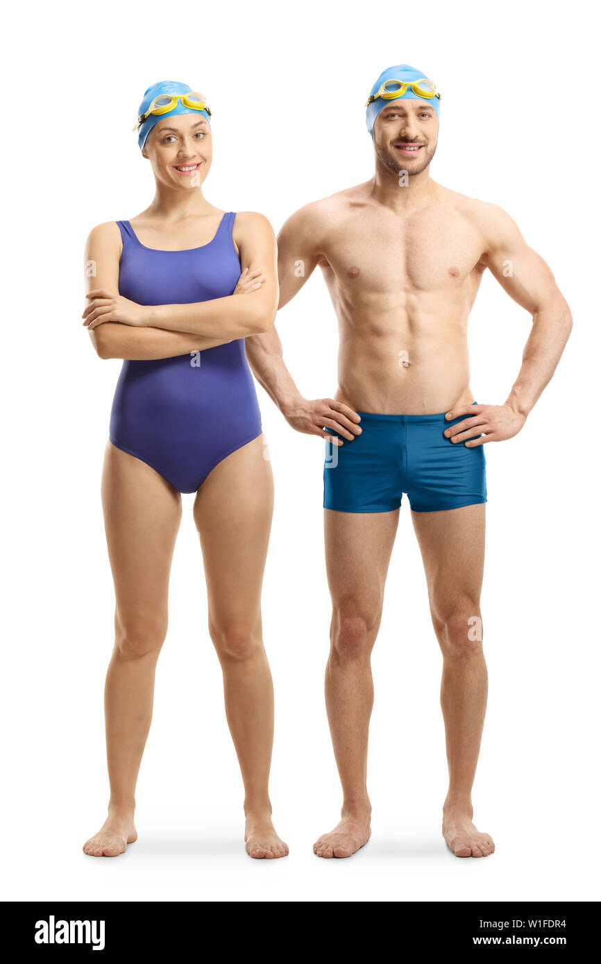 Portrait d un jeune homme et femme en maillot de bain et un plafond googles isole sur fond blanc Photo Stock Alamy