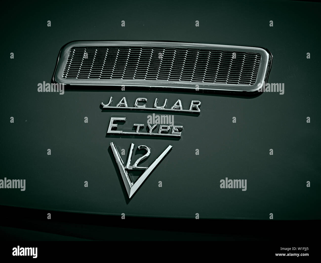 Détail de Jaguar Type E, un deux-porte voiture de sport britannique fait produites entre 1961 et 1975. Banque D'Images