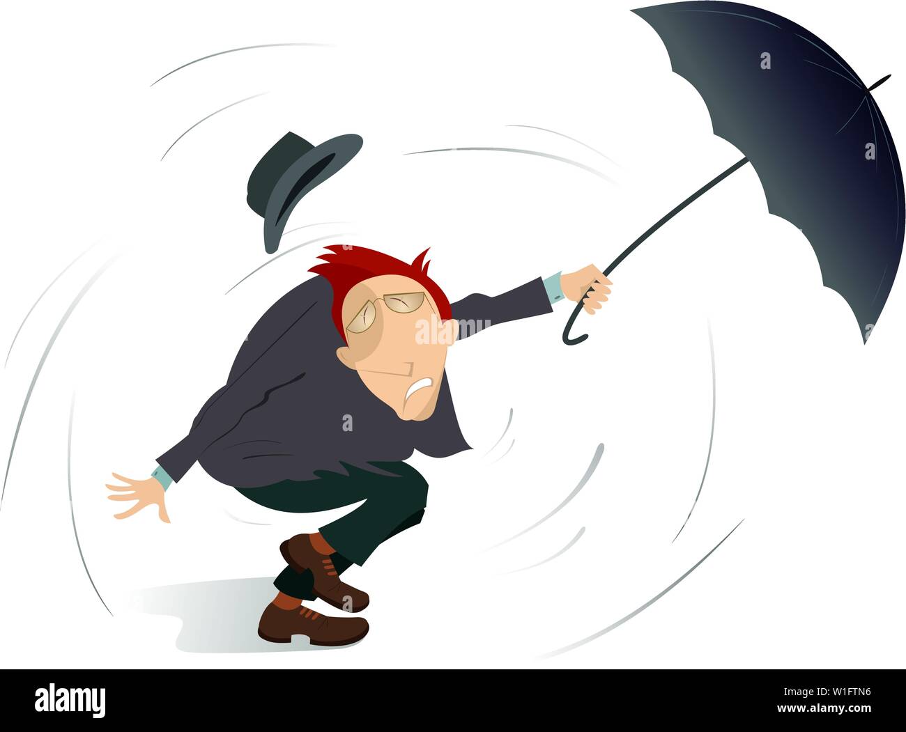 Le vent fort, d'un parasol et de l'homme illustration isolé. Vent fort, perdre la tête homme essayant de garder hat cut out illustration Illustration de Vecteur