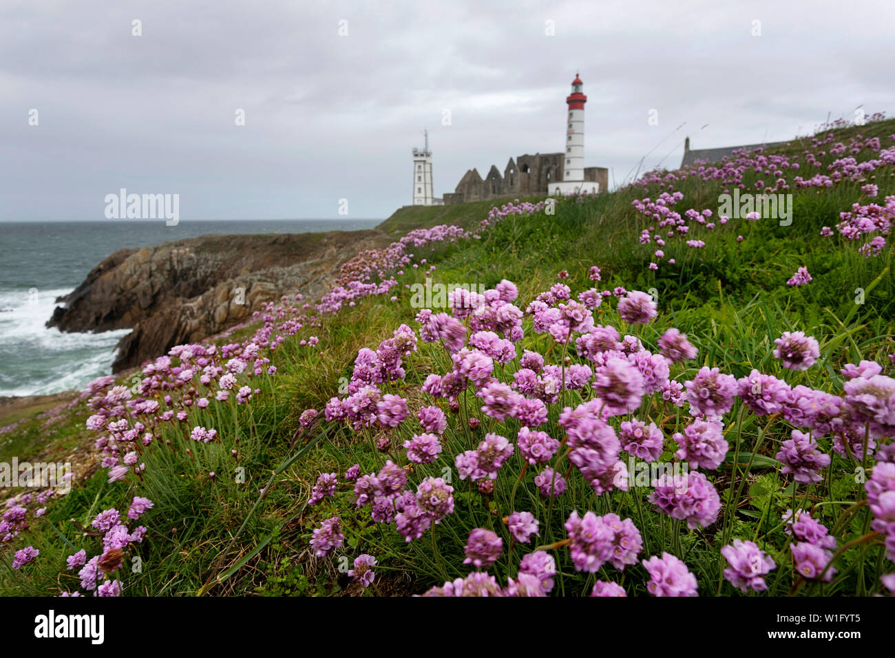 Le phare et l'abbaye s'élever au-dessus de la mer et la côte rocheuse de la Pointe Saint-Mathieu en Bretagne, France Banque D'Images