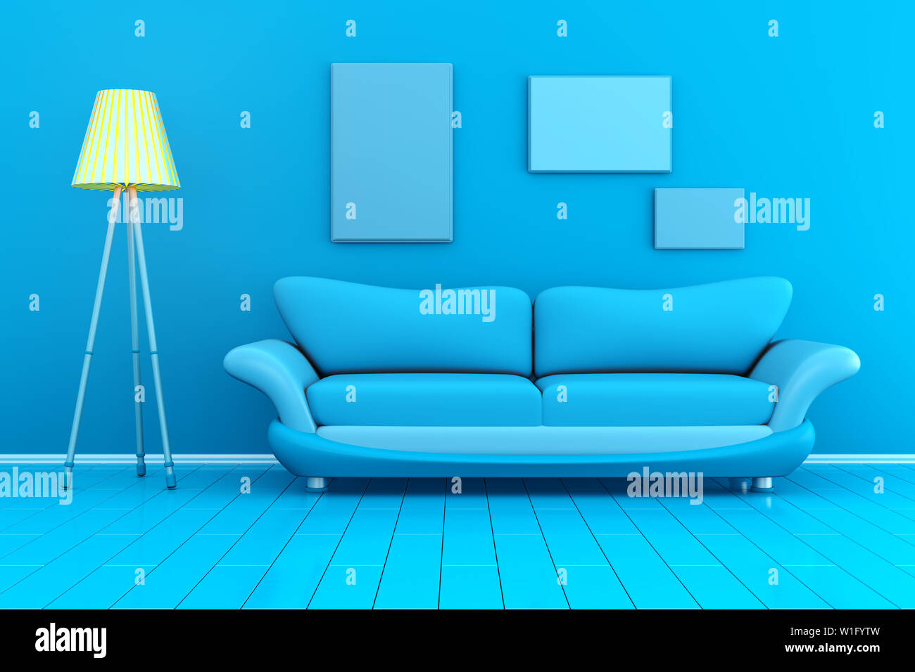 Rendu 3D Illustration monochromatique d'un intérieur avec des cadres photo en blanc contre le mur. Banque D'Images