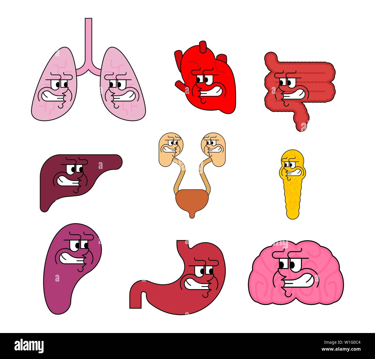 Les organes internes en colère. Anatomie du mal poumons et le foie et l'estomac.. Rein rate et pancréas. les intestins et le cerveau Vector illustration Illustration de Vecteur