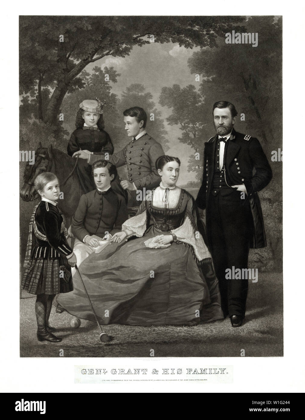 Général Grant et sa famille, un portrait d'Ulysses S. Grant debout à côté de sa femme et ses quatre enfants, peint de Life par William Cogswell, gravure par John Sartain, 1868 Banque D'Images