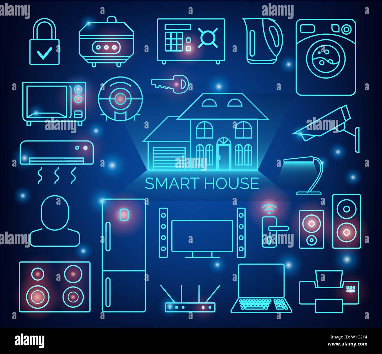 Domotique Smart fond vecteur. Smart home devices connectés comme le  téléphone, smart watch, comprimé, capteurs, appareils électroménagers.  Réseau de connecté Image Vectorielle Stock - Alamy