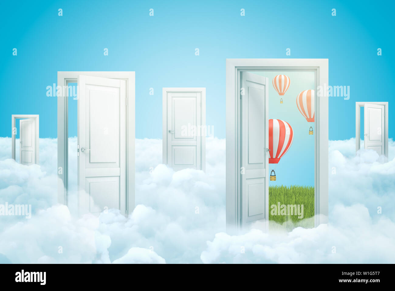 Le rendu 3D de nuages blancs avec des portes ouvertes et de ballons à air chaud à rayures sur fond bleu Banque D'Images