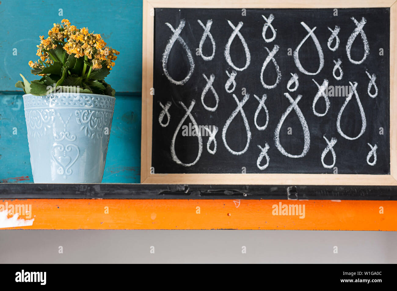 Image créative de fleurs jaunes en pot avec fond bleu avec l'illustre des conseils sur des plantes à la craie sur un tableau noir. Banque D'Images