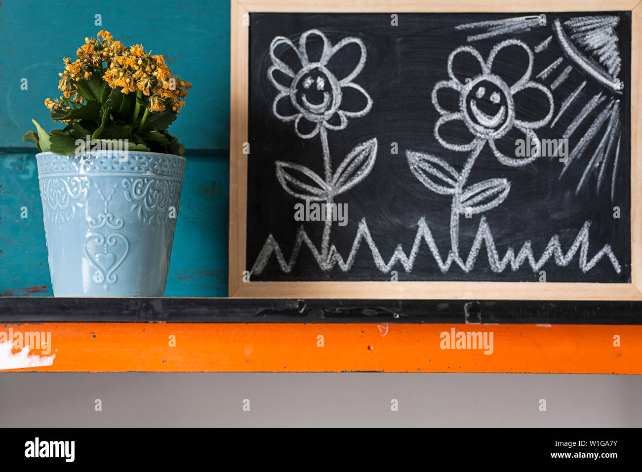 Image créative de fleurs jaunes en pot avec fond bleu avec l'illustre des conseils sur des plantes à la craie sur un tableau noir. Banque D'Images