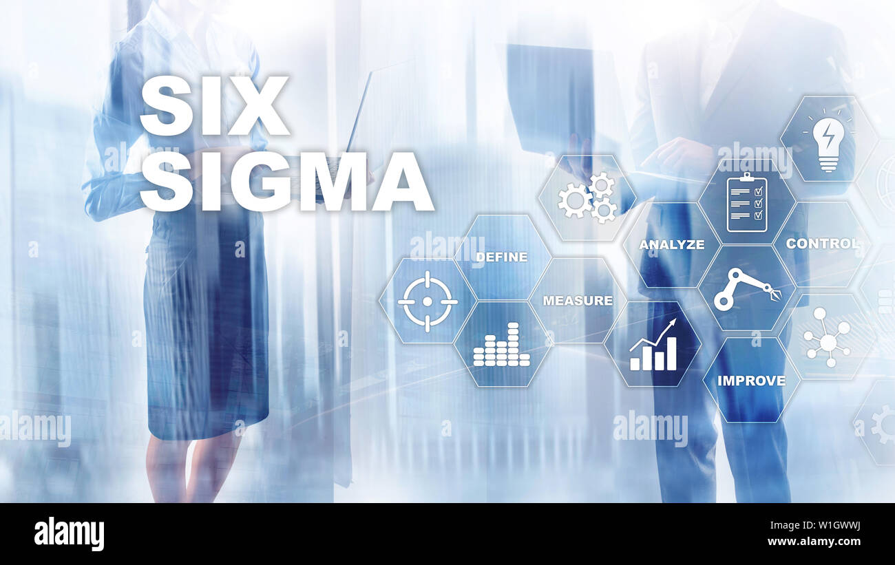 Six Sigma, la fabrication, le contrôle qualité et l'amélioration des processus industriels concept. Affaires, Internet et tehcnology Banque D'Images