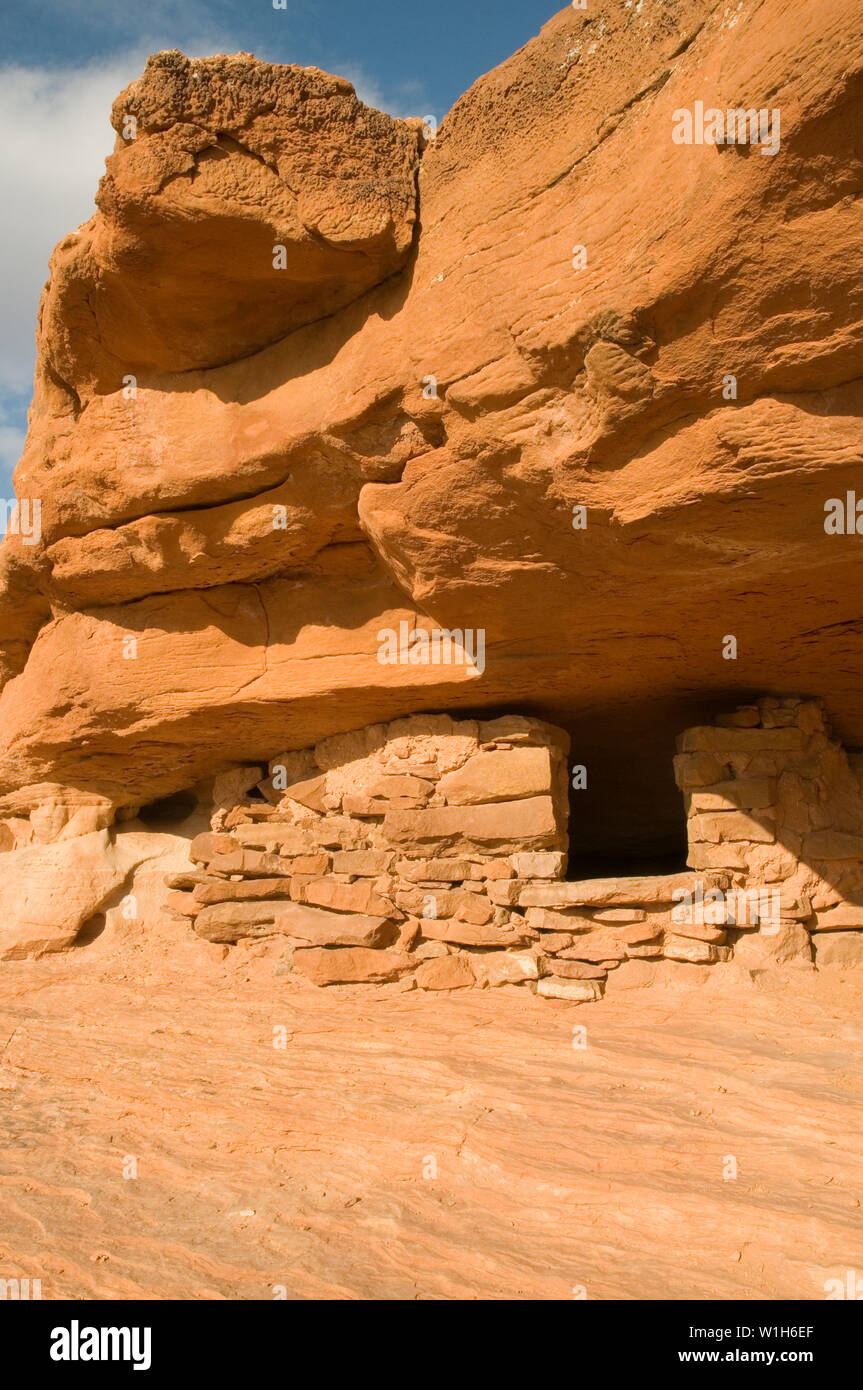 Indiens Anasazi utilisée pour stocker du grain au grenier en haut d' une mesa près d'Aztec Butte. C'est l'un des nombreux greniers dans la région, de nombreux preserv Banque D'Images