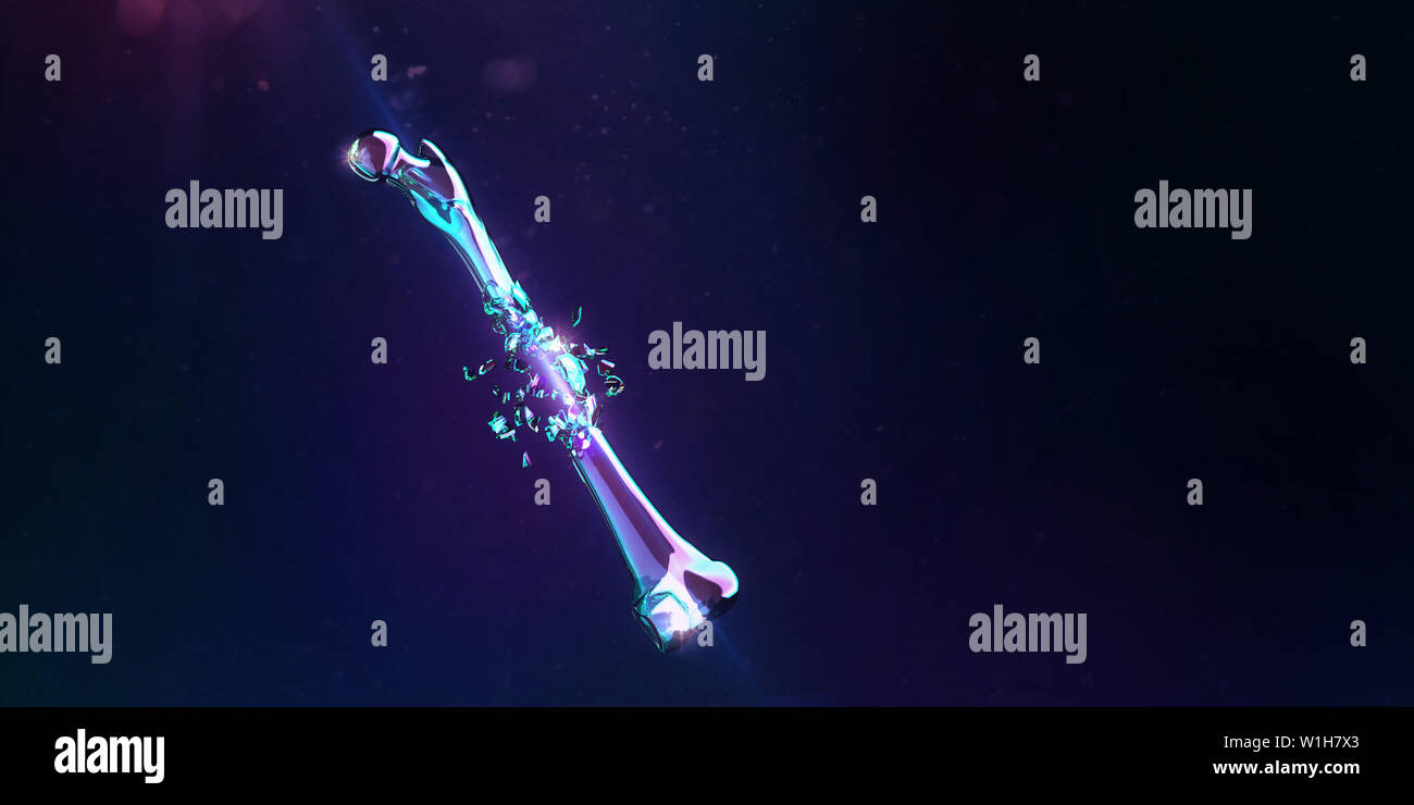 Les droits de l'frctured brillant transparent verre os cassé sur fond sombre avec copie-espace. illustaratin conept médicale 3D render Banque D'Images