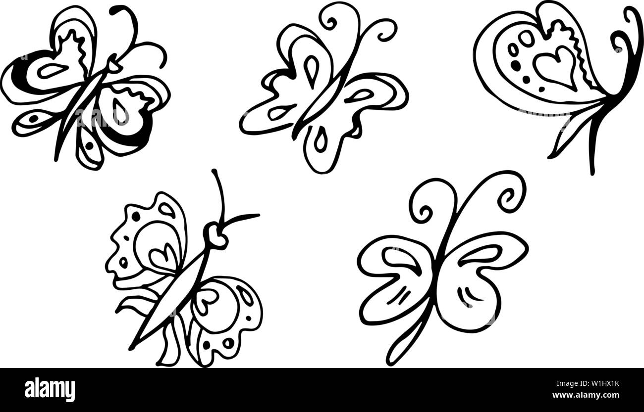 Ensemble de main dessiné papillons isolé sur fond noir. Les éléments du vecteur doodled pour la décoration. Illustration de Vecteur