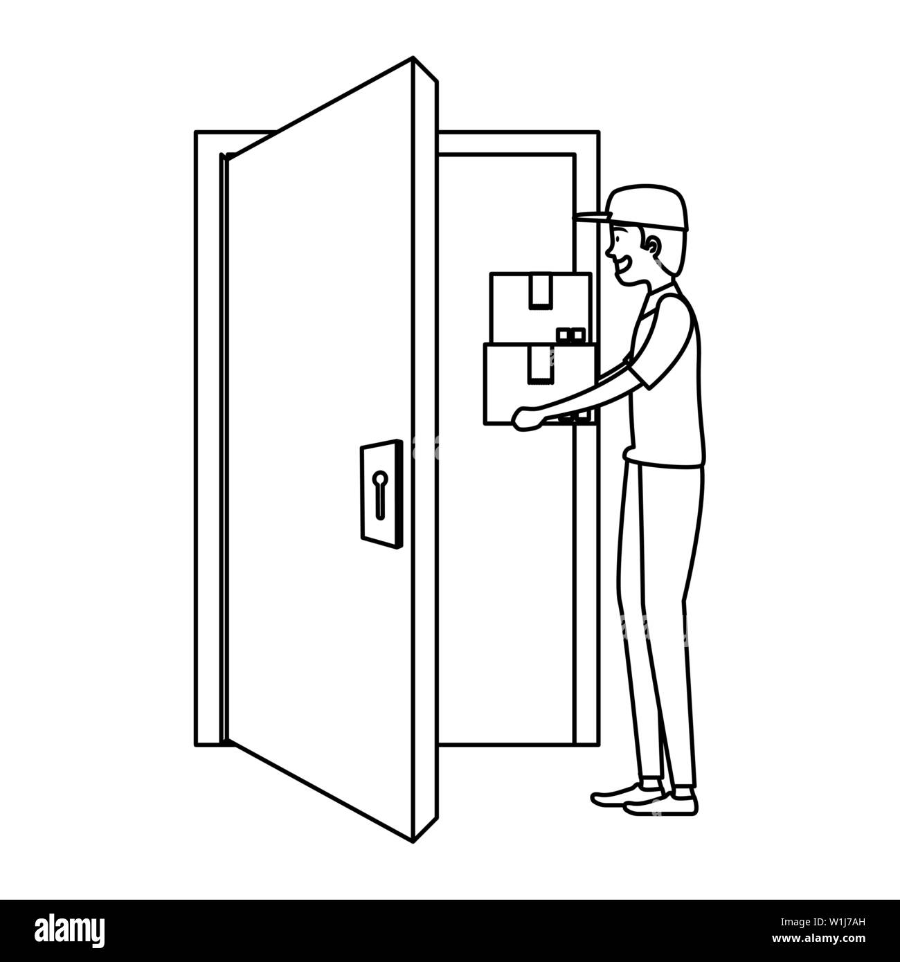 Travailleur de livraison de boîtes de levage avec porte chambre Illustration de Vecteur