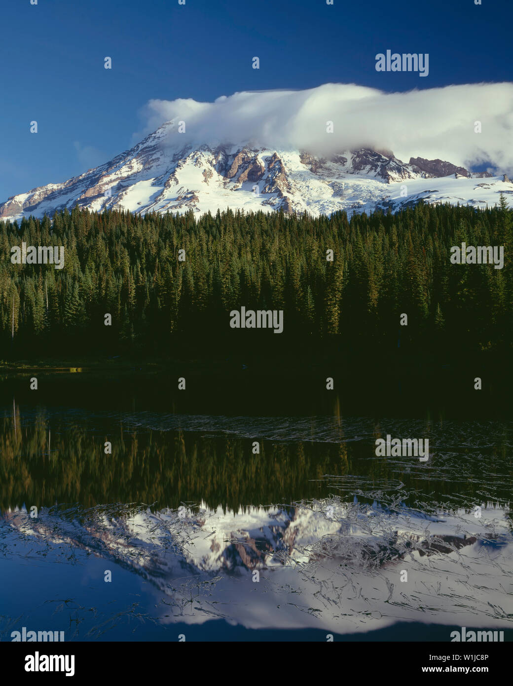 USA, Washington, Mt. Rainier National Park, matin nuages sommet du carénage de Mt. Rainier qui est reflété dans le lac de réflexion. Banque D'Images