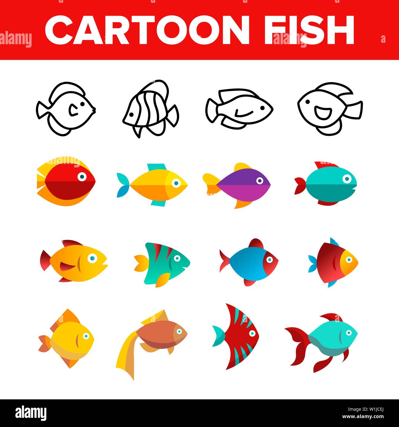 Poissons, espèces exotiques vecteur lignes fines icônes ensemble Illustration de Vecteur