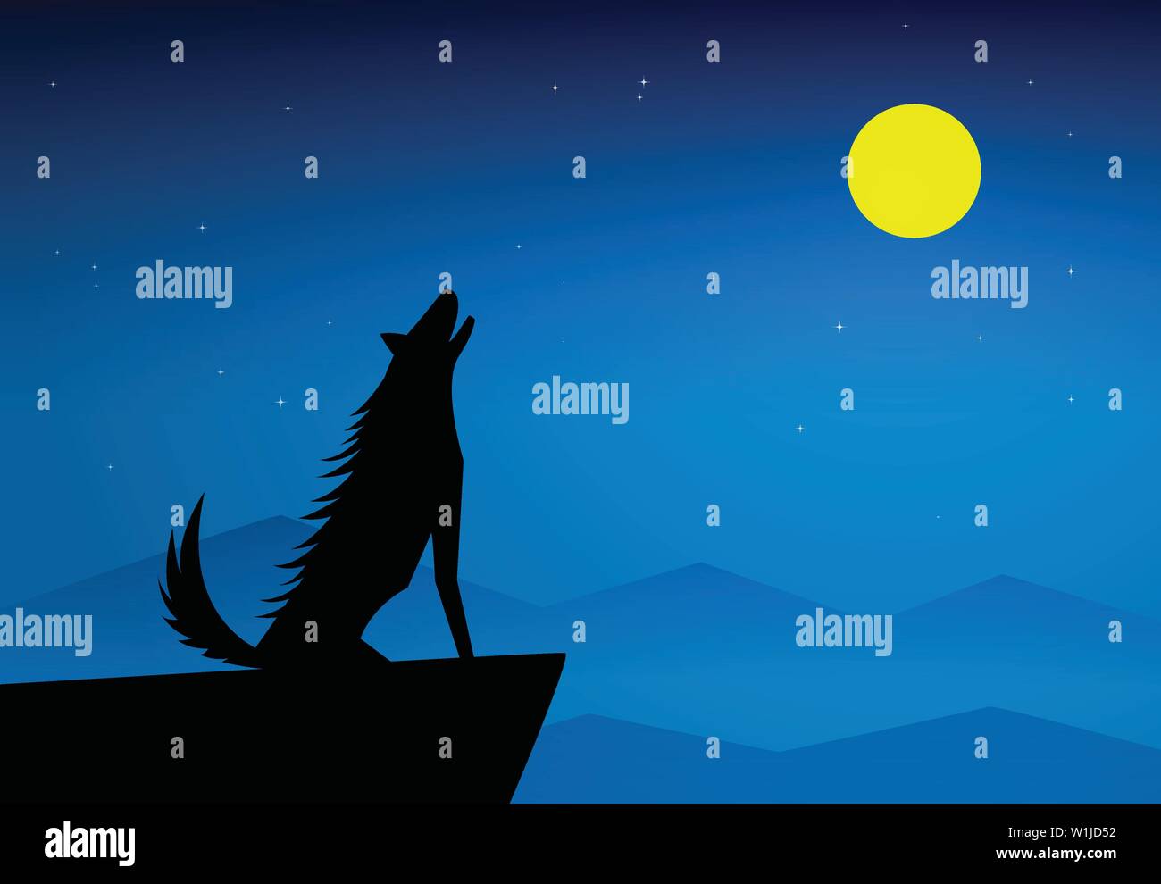 Wolf howling en haut de montagne à une nuit de pleine lune, vector Illustration de Vecteur