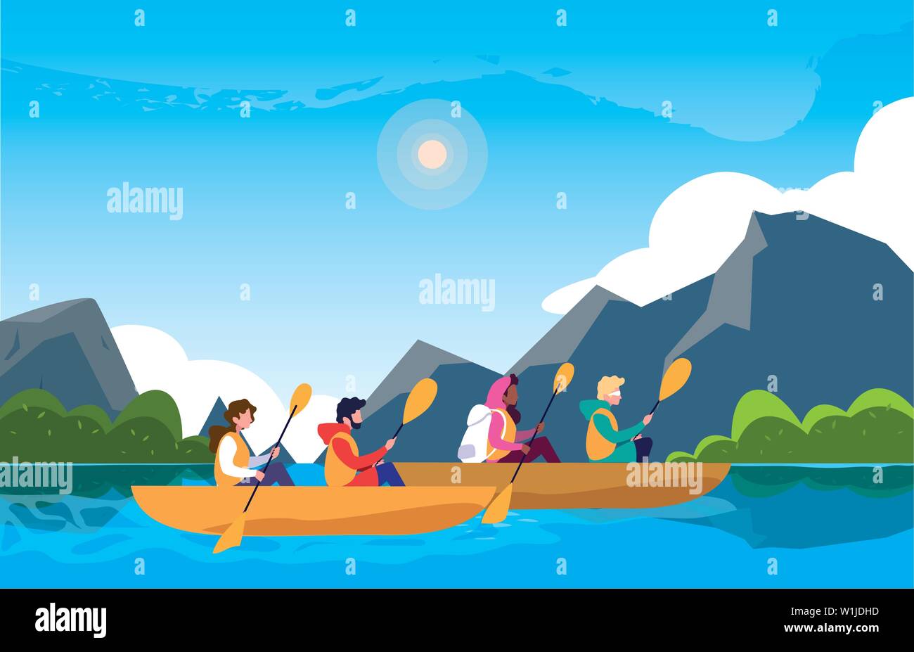 Les campeurs dans le paysage magnifique scène avec kayaks vector illustration design Illustration de Vecteur