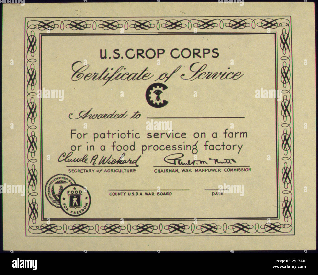 La récolte américaine de corps - CERTIFICAT DE SERVICE Banque D'Images