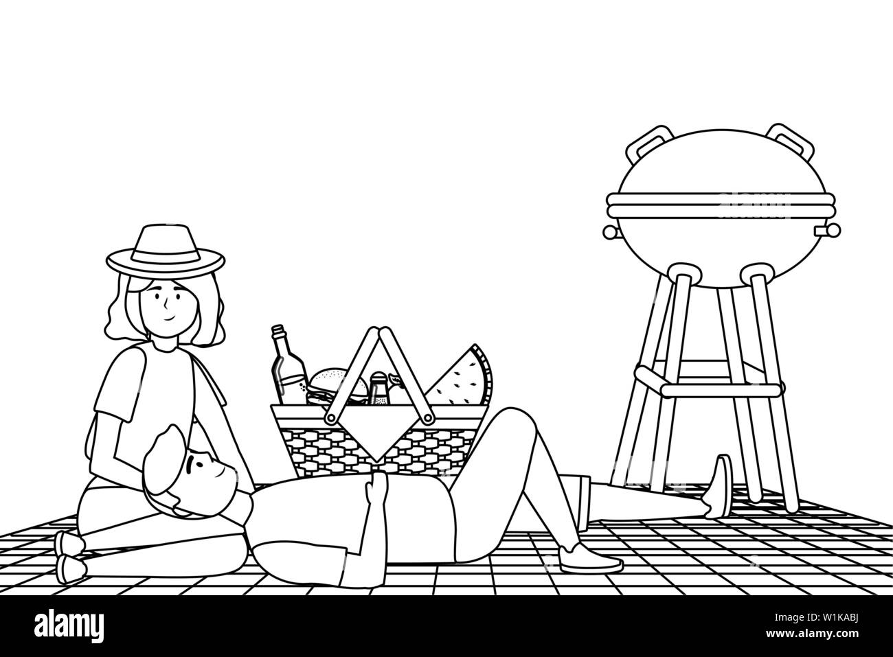 La femme et l'homme cartoon having picnic design, d''aliments sains loisirs printemps déjeuner et repas thème Vector illustration Illustration de Vecteur